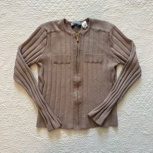 Wayne Rogers, 90s Vintage silk tan ribbed zip up sweater, size L